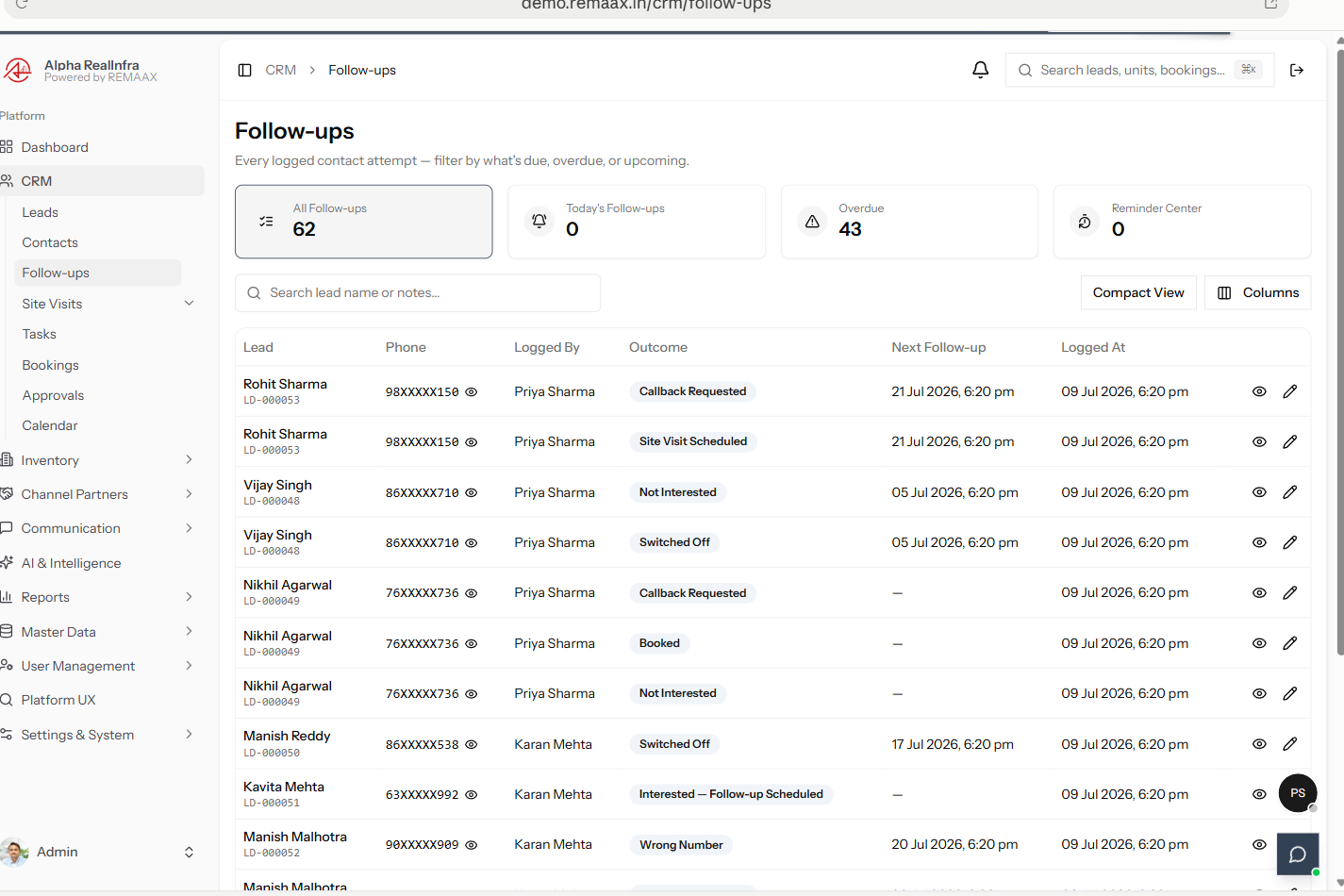 REMEX follow-ups view with stat-card filters showing pending and overdue counts