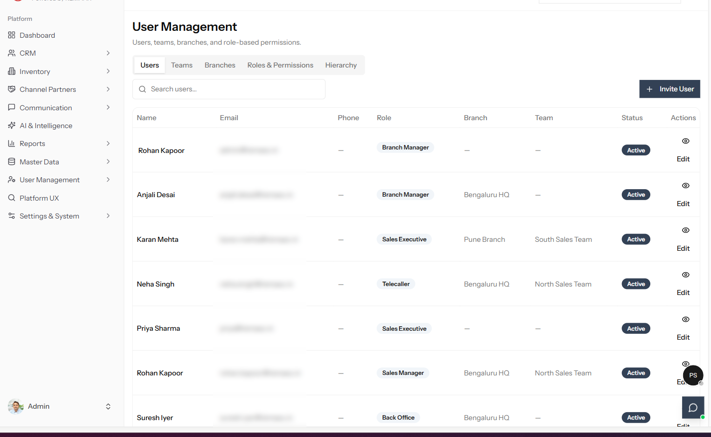 REMEX user management showing users list with role, branch and team columns