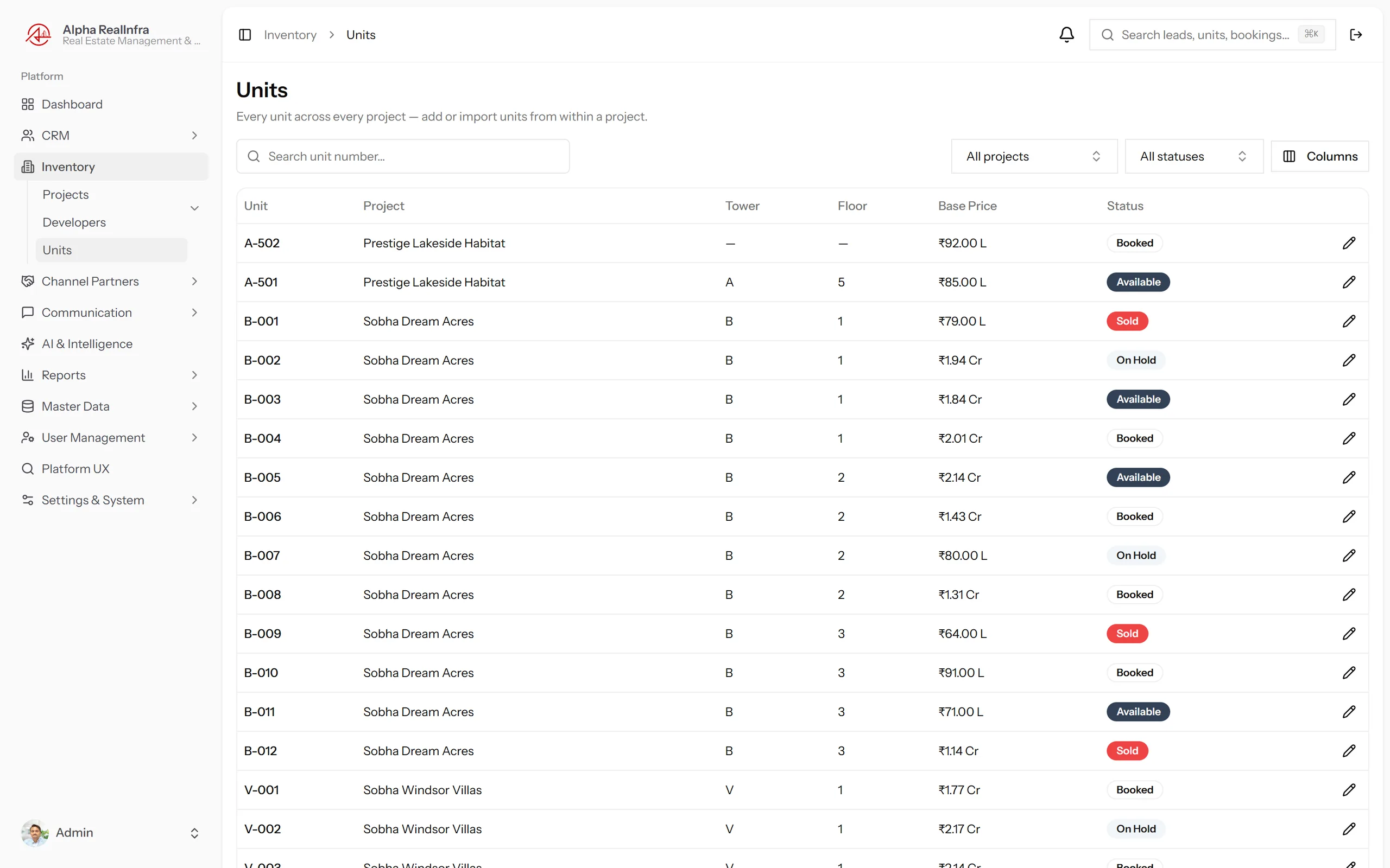 REMEX live unit inventory showing availability status, on-hold units and project structure
