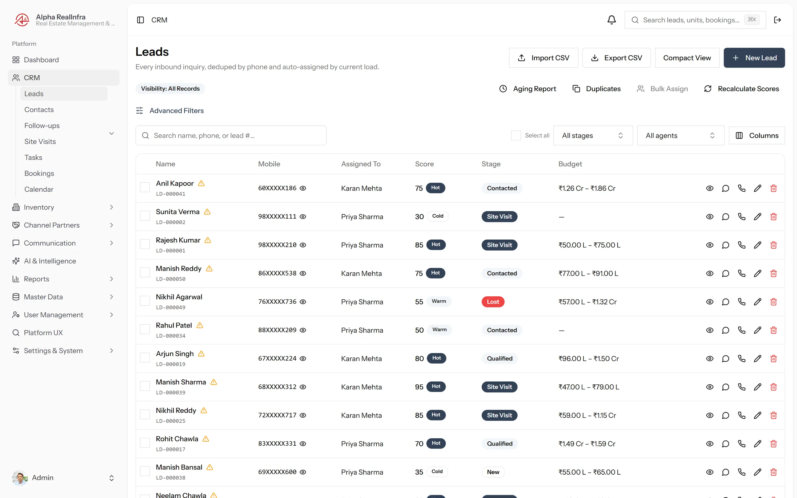 REMEX leads list with AI scoring badges, priority chips and lifecycle stage