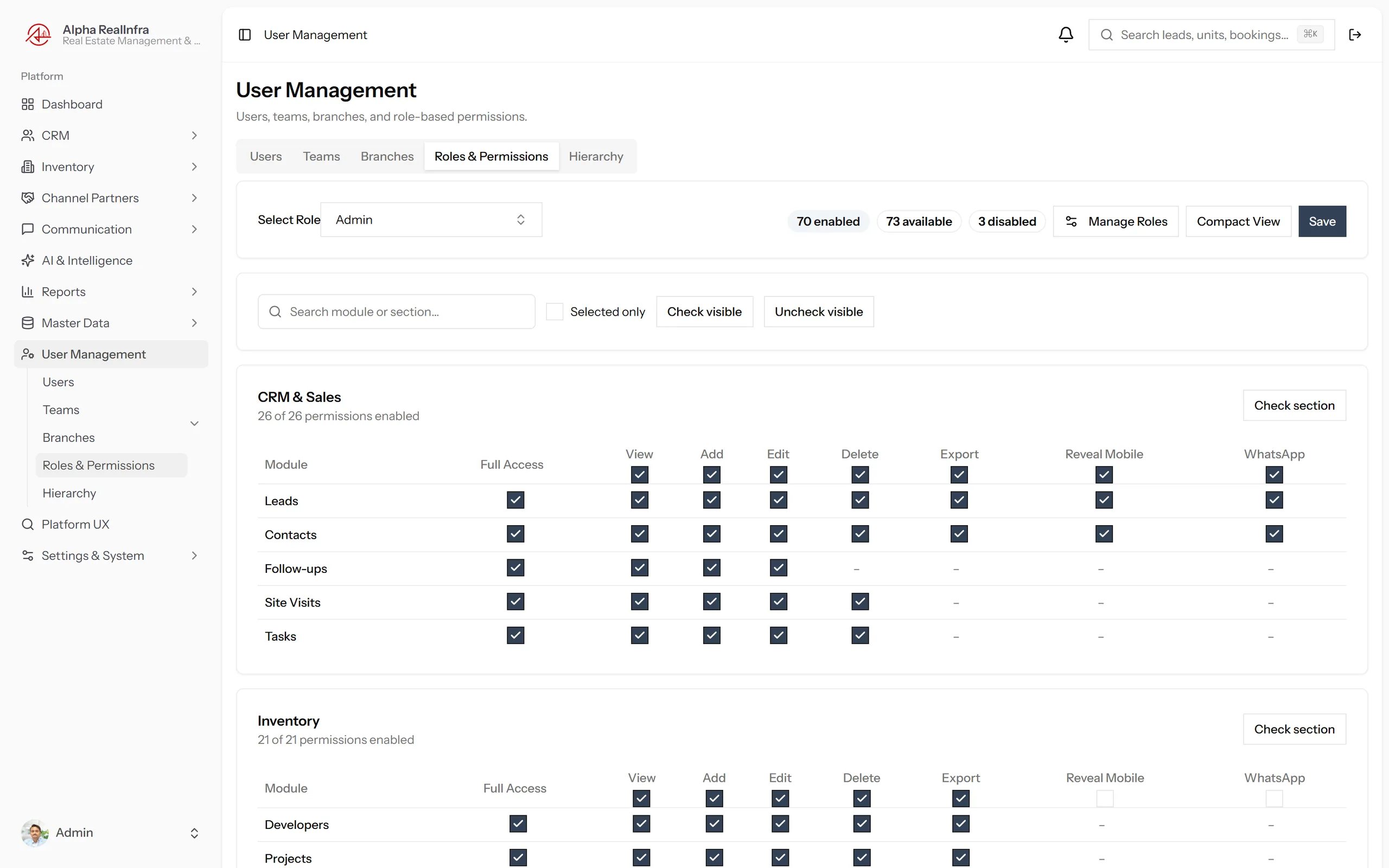 REMEX full roles and permissions matrix showing every module versus every action with check marks