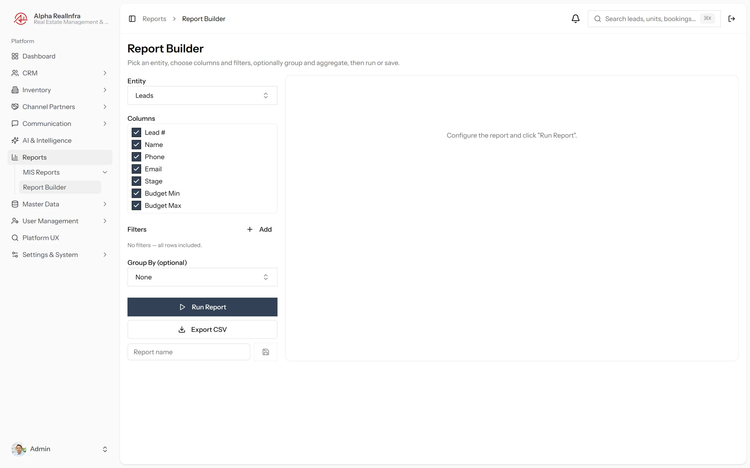 REMEX custom report builder with dimension selectors, applied filters and visual chart output